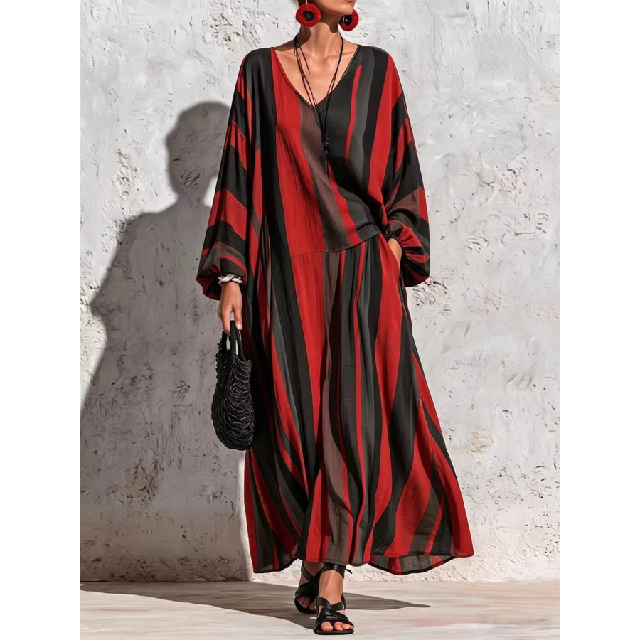 Bohemian Striped V-Neck Loose Top and Wide Leg Pants Set Apparel Accessories