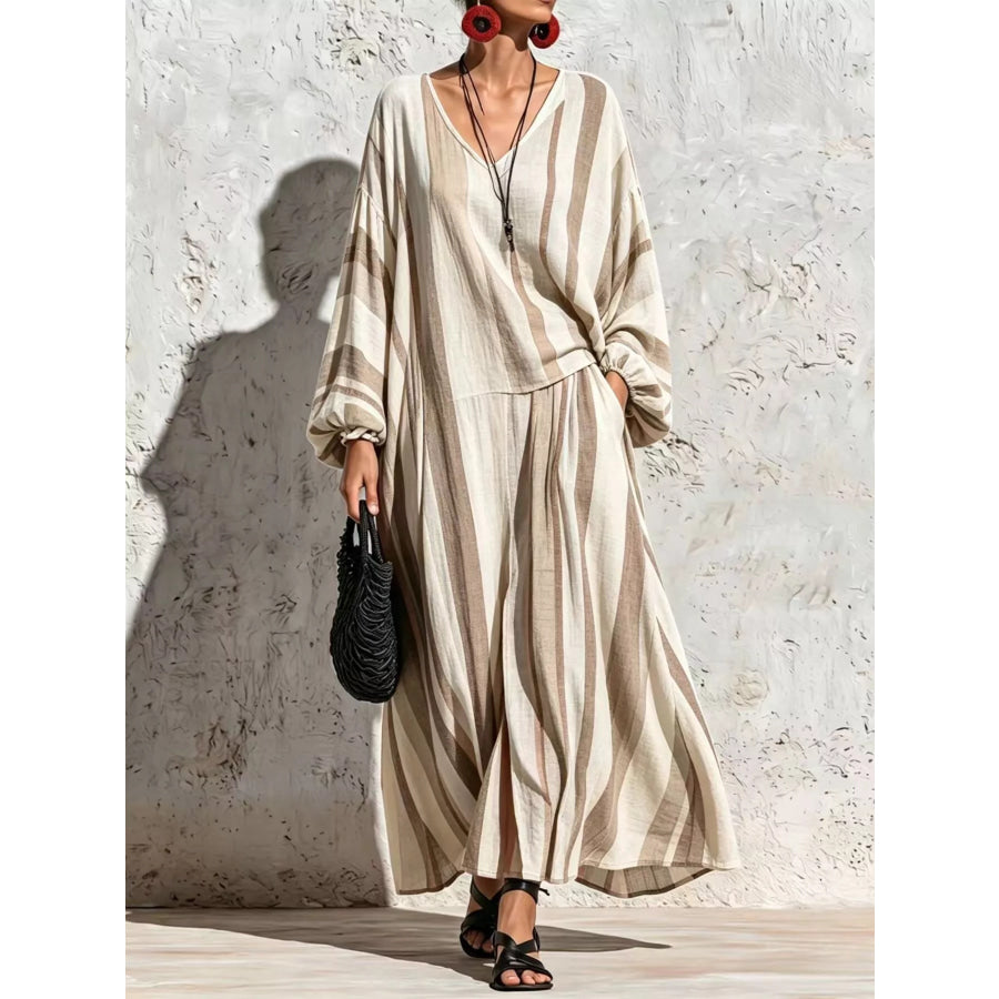 Bohemian Striped V-Neck Loose Top and Wide Leg Pants Set Apparel Accessories