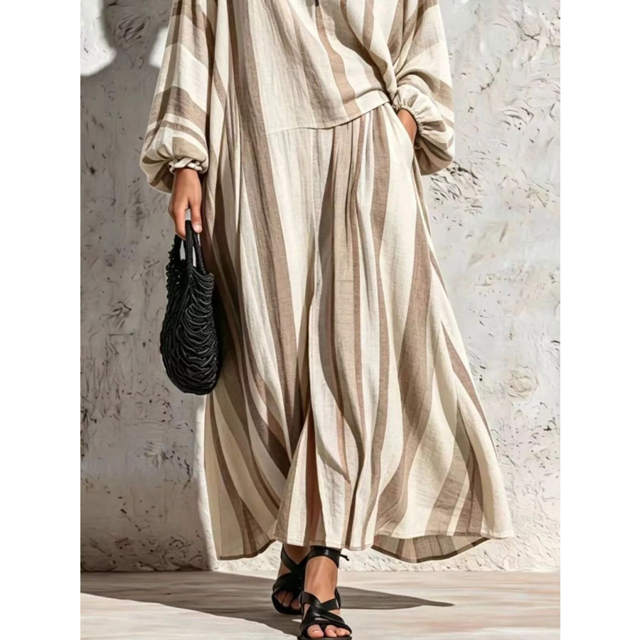 Bohemian Striped V-Neck Loose Top and Wide Leg Pants Set Apparel Accessories