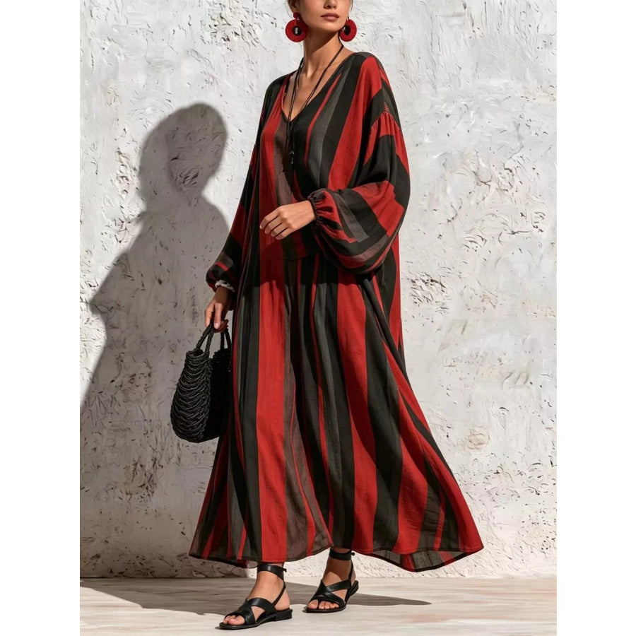 Bohemian Striped V-Neck Loose Top and Wide Leg Pants Set Apparel Accessories