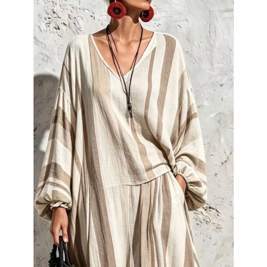 Bohemian Striped V-Neck Loose Top and Wide Leg Pants Set Beige / S Apparel Accessories