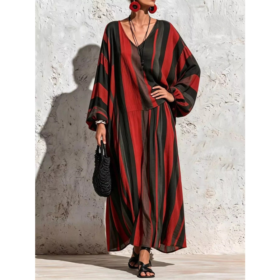 Bohemian Striped V-Neck Loose Top and Wide Leg Pants Set Burgundy / S Apparel Accessories
