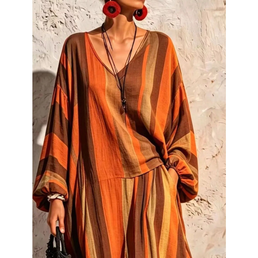 Bohemian Striped V-Neck Loose Top and Wide Leg Pants Set Orange / S Apparel Accessories