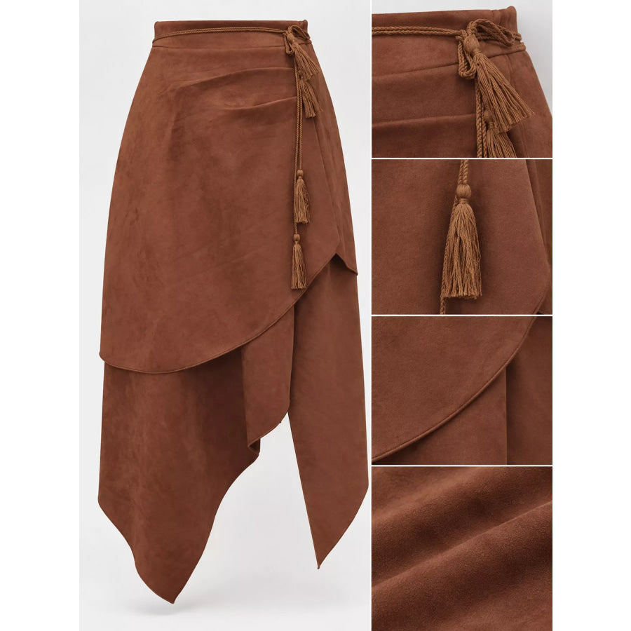 Bohemian Suede Wrap Skirt with Tassel Accents Apparel and Accessories