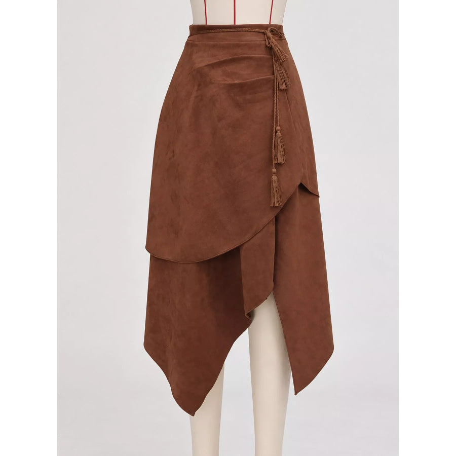 Bohemian Suede Wrap Skirt with Tassel Accents Dark Brown / S Apparel and Accessories