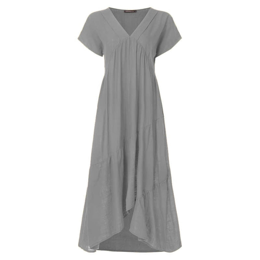 Bohemian Summer Womens Sundress ZANZEA Fashion v Neck Midi Vestidos Female Solid Ruffle Dresses Asymmetrical Robe A Gray / S Women’s Fashion