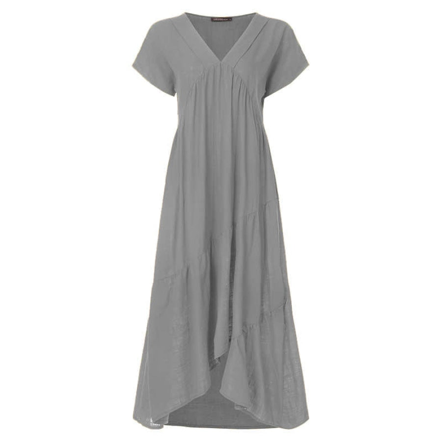 Bohemian Summer Womens Sundress ZANZEA Fashion v Neck Midi Vestidos Female Solid Ruffle Dresses Asymmetrical Robe A Gray / S Women’s Fashion