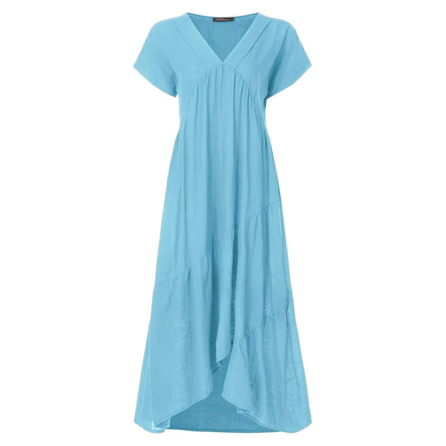 Bohemian Summer Womens Sundress ZANZEA Fashion v Neck Midi Vestidos Female Solid Ruffle Dresses Asymmetrical Robe A Light Blue / S Women’s 