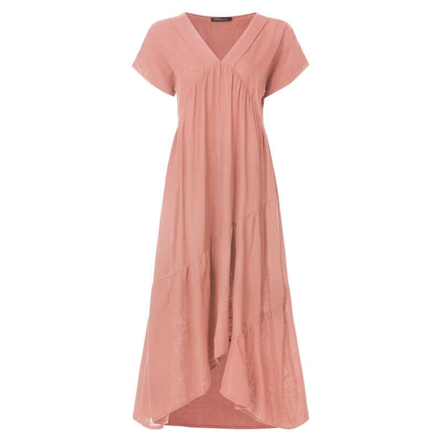 Bohemian Summer Womens Sundress ZANZEA Fashion v Neck Midi Vestidos Female Solid Ruffle Dresses Asymmetrical Robe A Pink / S Women’s Fashion