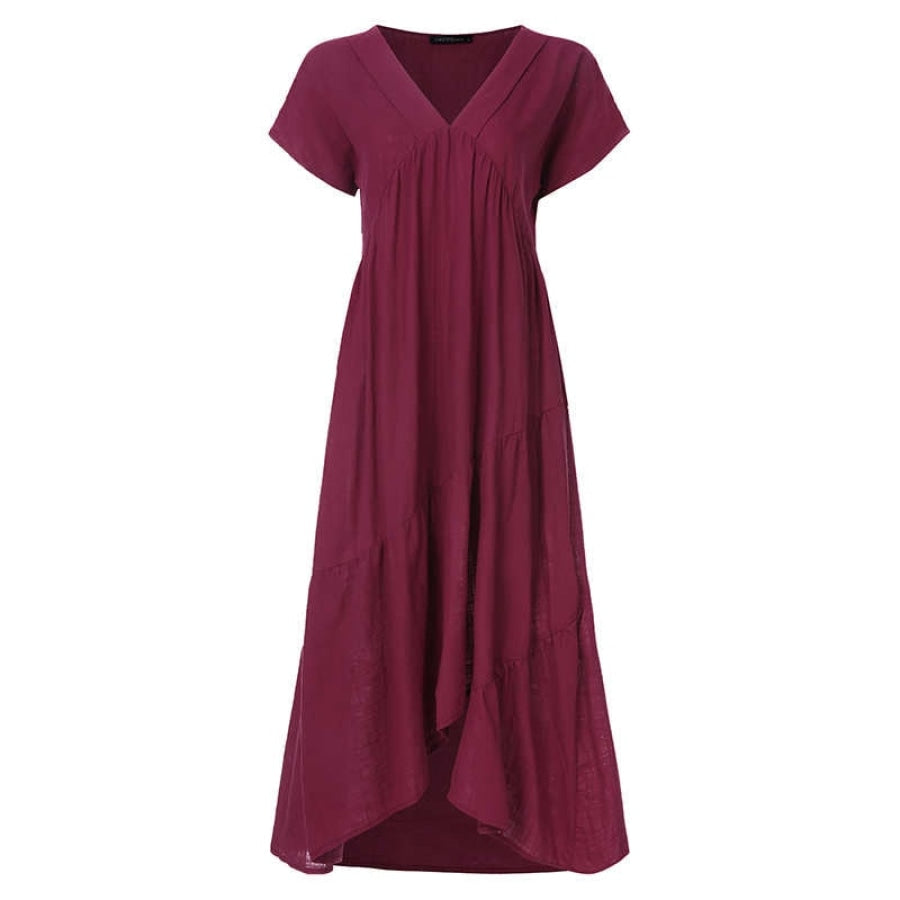 Bohemian Summer Womens Sundress ZANZEA Fashion v Neck Midi Vestidos Female Solid Ruffle Dresses Asymmetrical Robe A Wine Red / S Women’s 