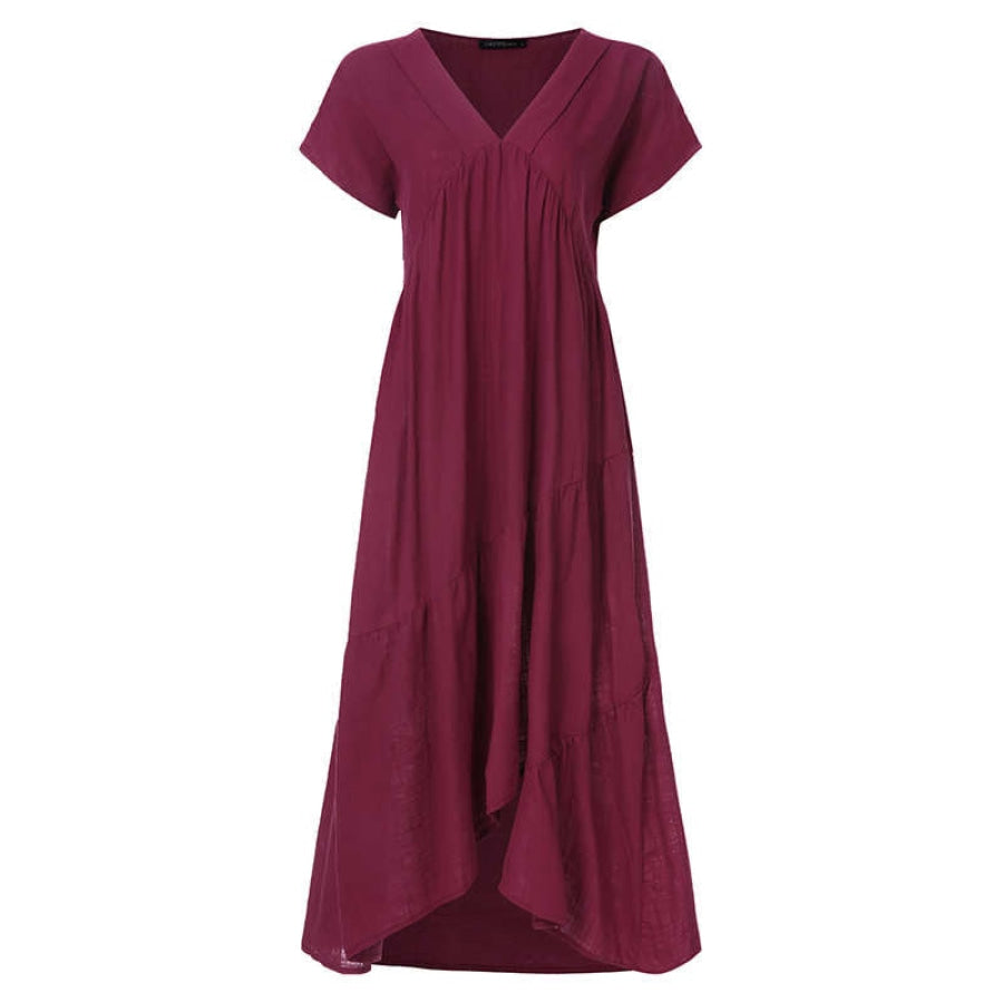 Bohemian Summer Womens Sundress ZANZEA Fashion v Neck Midi Vestidos Female Solid Ruffle Dresses Asymmetrical Robe A Wine Red / S Women’s 