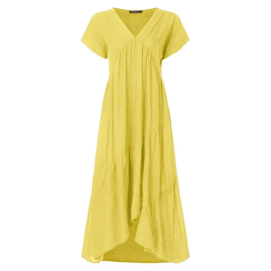 Bohemian Summer Womens Sundress ZANZEA Fashion v Neck Midi Vestidos Female Solid Ruffle Dresses Asymmetrical Robe A Yellow / S Women’s 