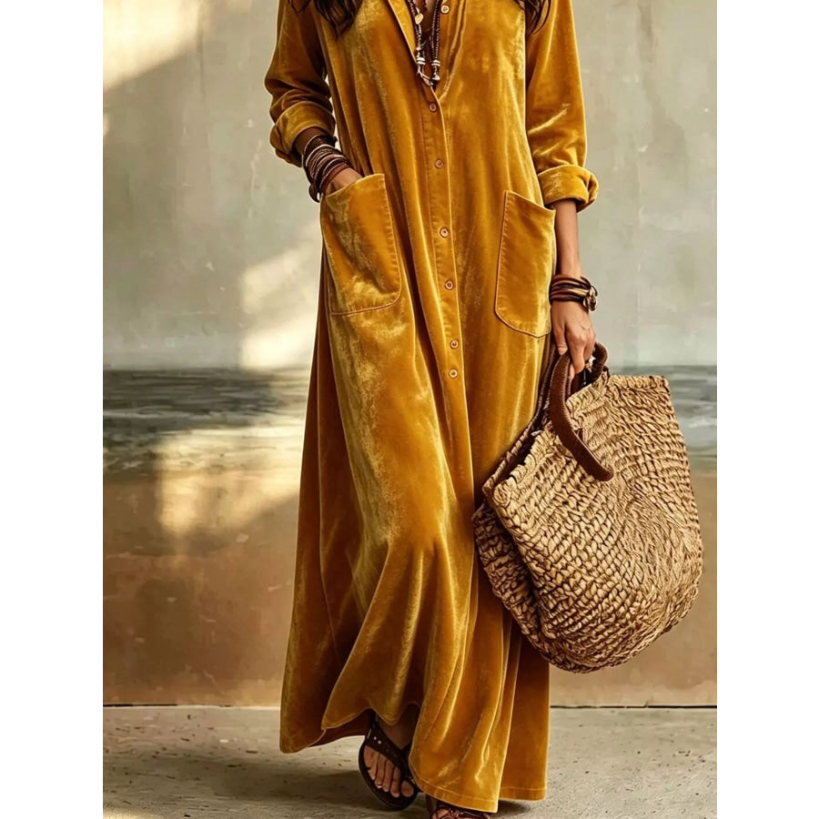 Bohemian Velvet Button-Down Maxi Dress Apparel and Accessories