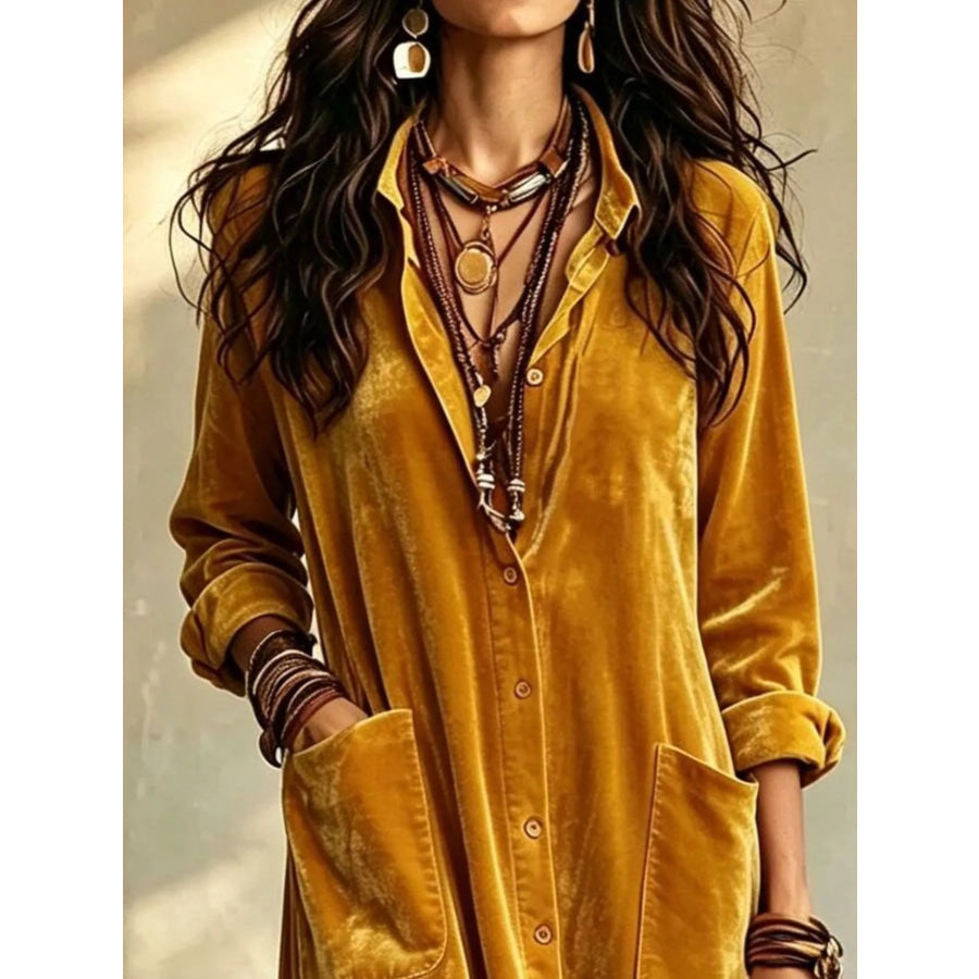 Bohemian Velvet Button-Down Maxi Dress Ochre / S Apparel and Accessories