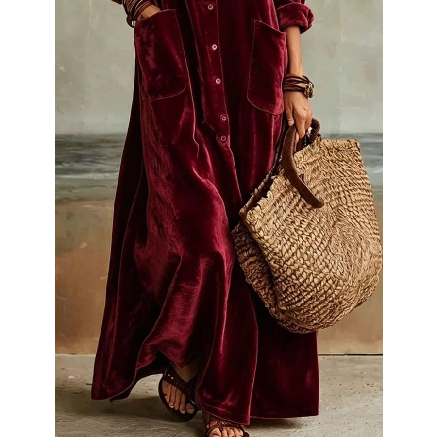 Bohemian Velvet Button-Down Maxi Dress Apparel and Accessories