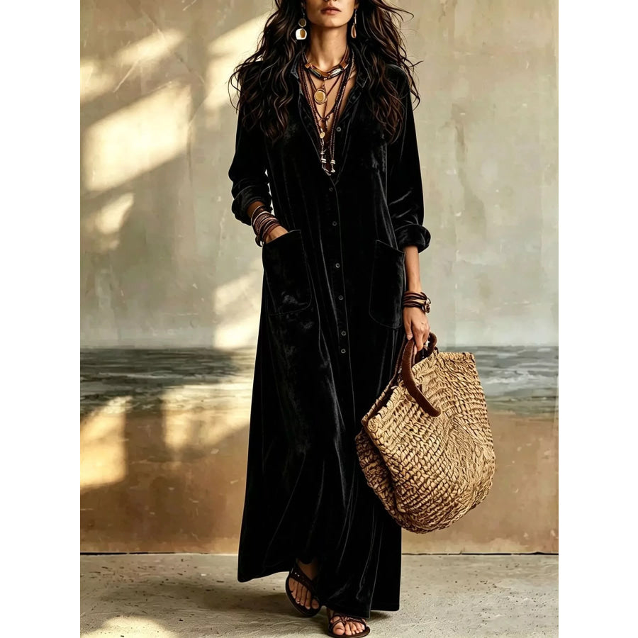 Bohemian Velvet Button-Down Maxi Dress Black / S Apparel and Accessories