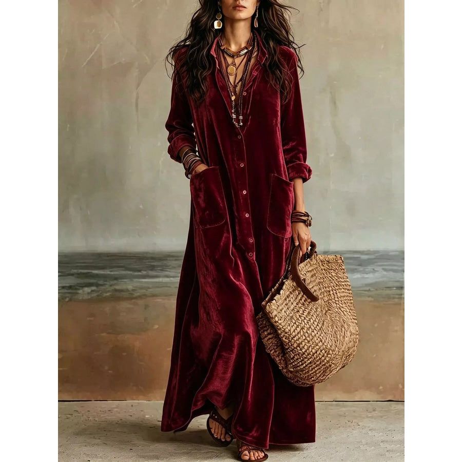 Bohemian Velvet Button-Down Maxi Dress Burgundy / S Apparel and Accessories