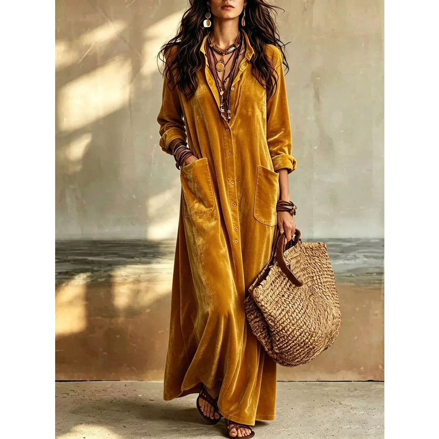 Bohemian Velvet Button-Down Maxi Dress Ochre / S Apparel and Accessories