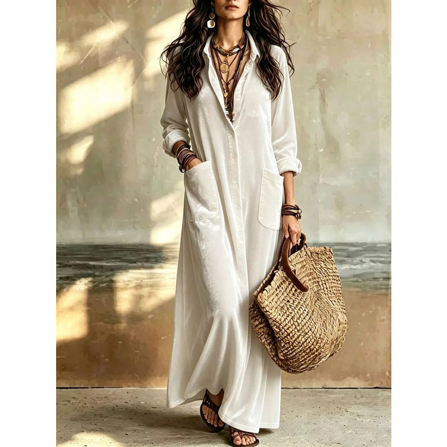 Bohemian Velvet Button-Down Maxi Dress White / S Apparel and Accessories