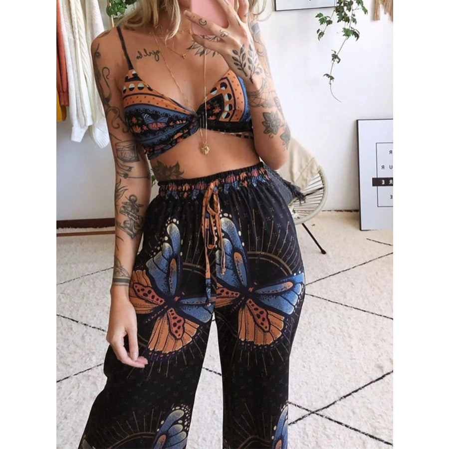Boho Butterfly Print Top and Pants Set Apparel and Accessories