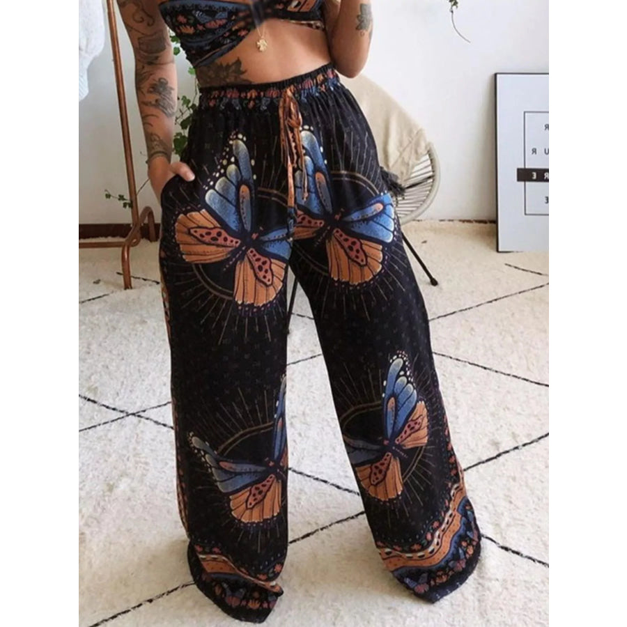 Boho Butterfly Print Top and Pants Set Apparel and Accessories