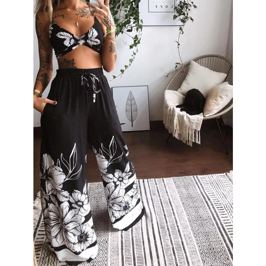 Boho Butterfly Print Top and Pants Set Pure Black / S Apparel and Accessories