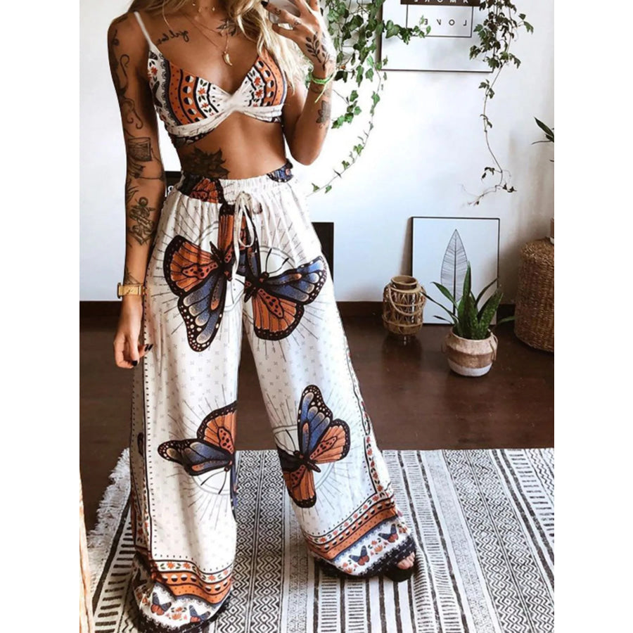 Boho Butterfly Print Top and Pants Set White / S Apparel and Accessories