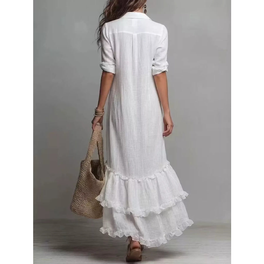 Boho Chic Button-Down Ruffled High-Low Maxi Dress Apparel and Accessories