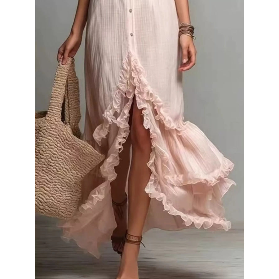 Boho Chic Button-Down Ruffled High-Low Maxi Dress Apparel and Accessories
