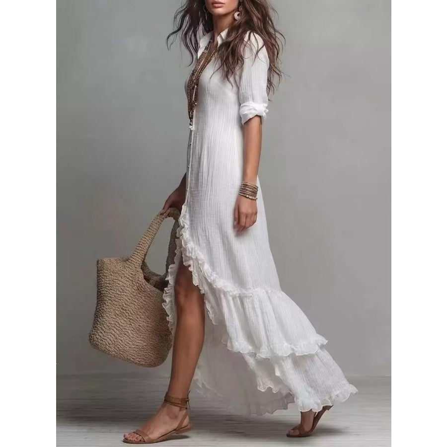 Boho Chic Button-Down Ruffled High-Low Maxi Dress Apparel and Accessories