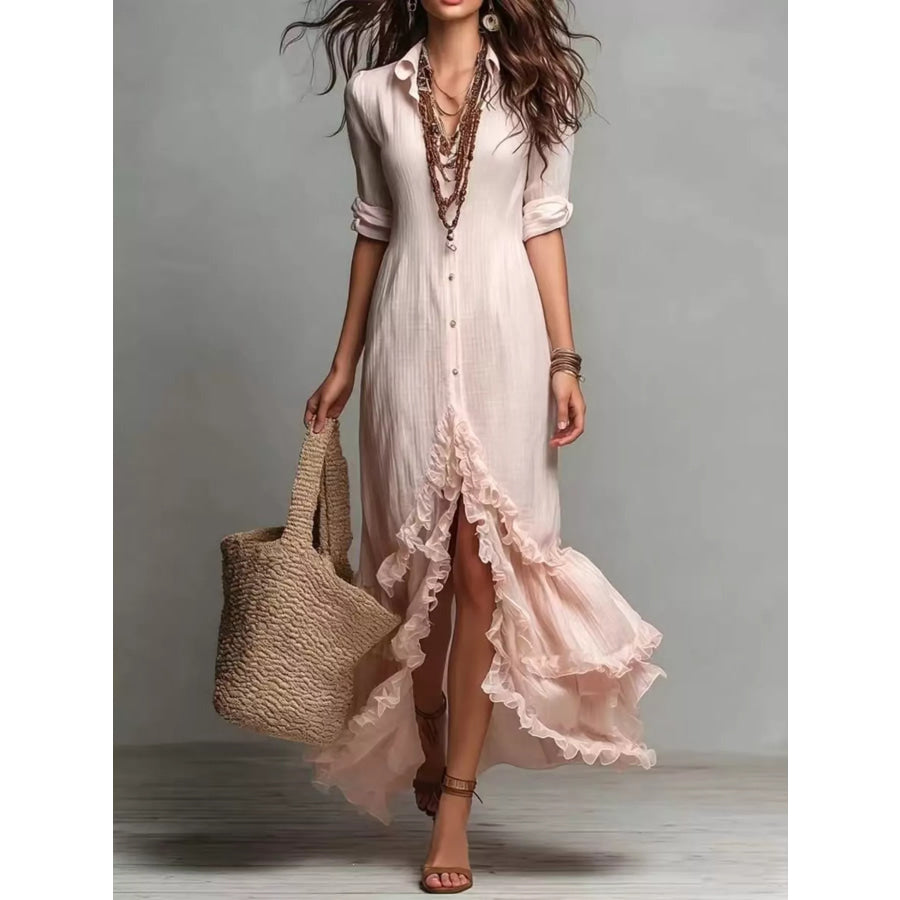 Boho Chic Button-Down Ruffled High-Low Maxi Dress Pale Blush / S Apparel and Accessories