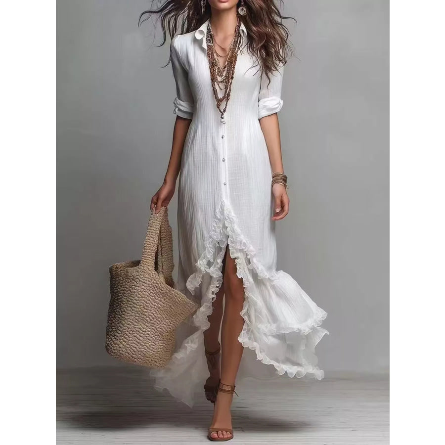 Boho Chic Button-Down Ruffled High-Low Maxi Dress White / S Apparel and Accessories