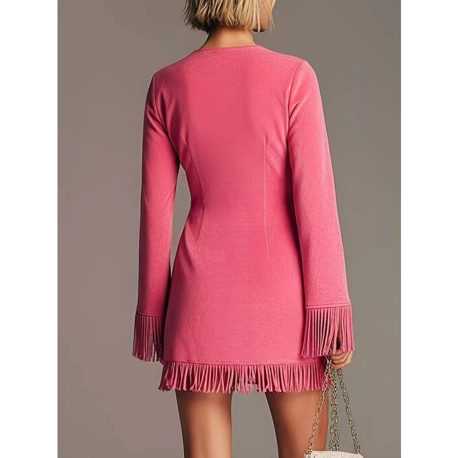 Boho Chic Fringed Suede V-Neck Mini Dress Apparel and Accessories