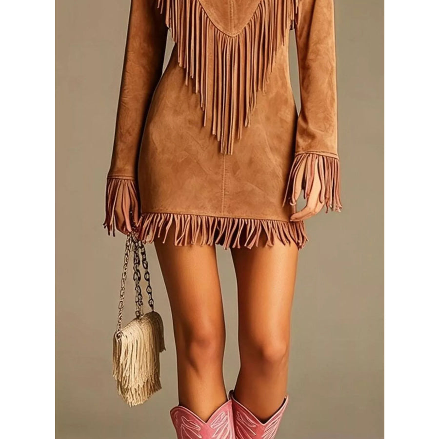Boho Chic Fringed Suede V-Neck Mini Dress Apparel and Accessories