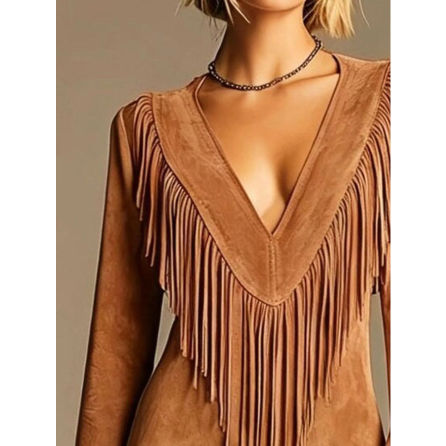 Boho Chic Fringed Suede V-Neck Mini Dress Apparel and Accessories
