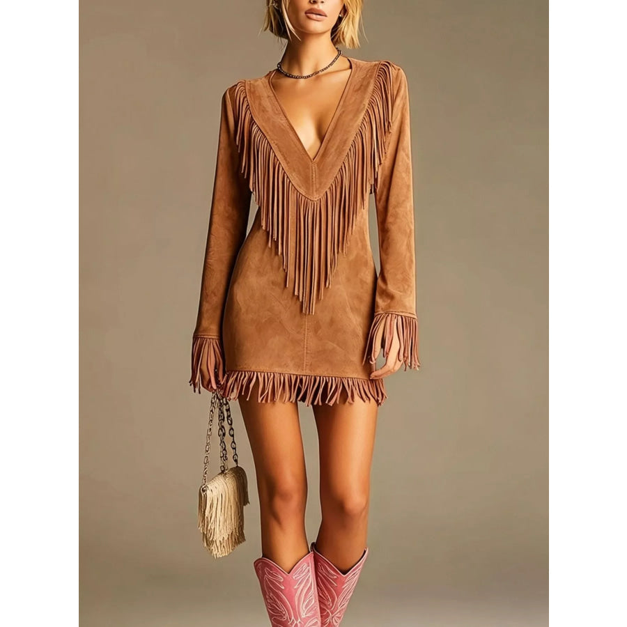 Boho Chic Fringed Suede V-Neck Mini Dress Brown / S Apparel and Accessories