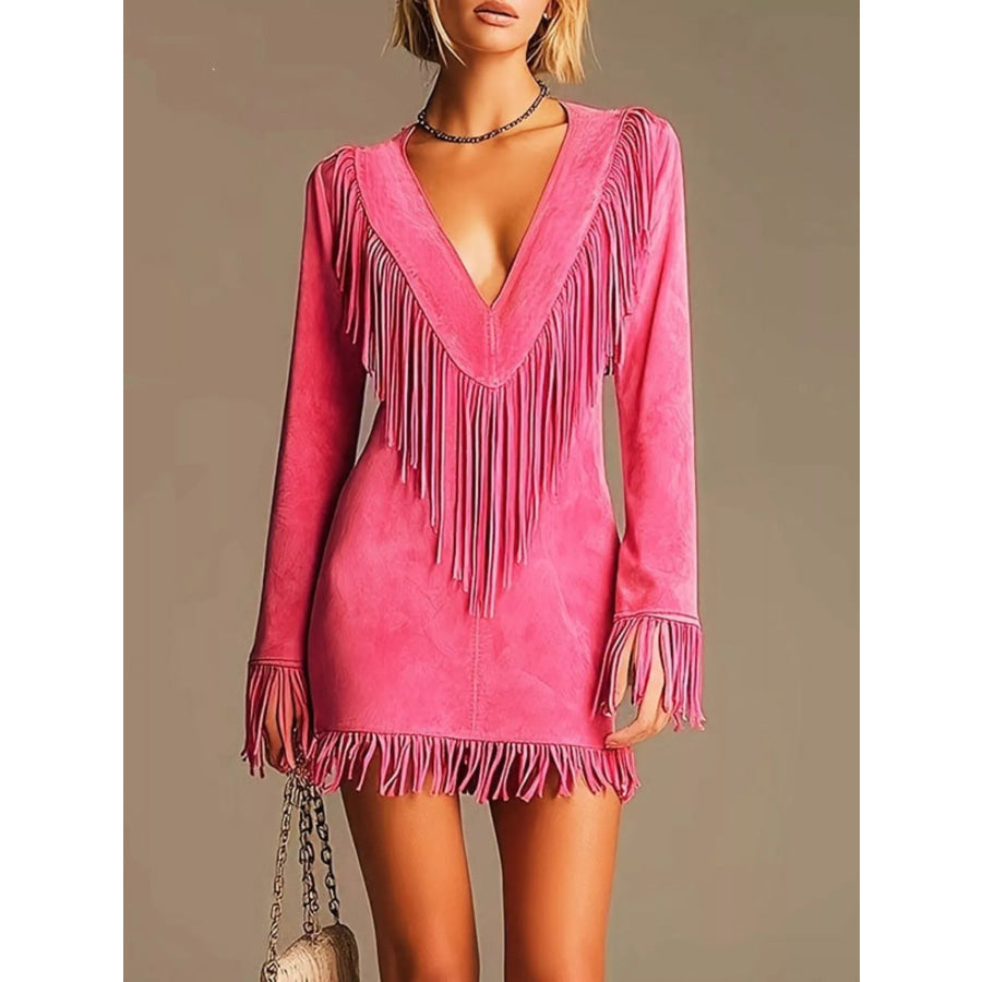 Boho Chic Fringed Suede V-Neck Mini Dress Hot Pink / S Apparel and Accessories