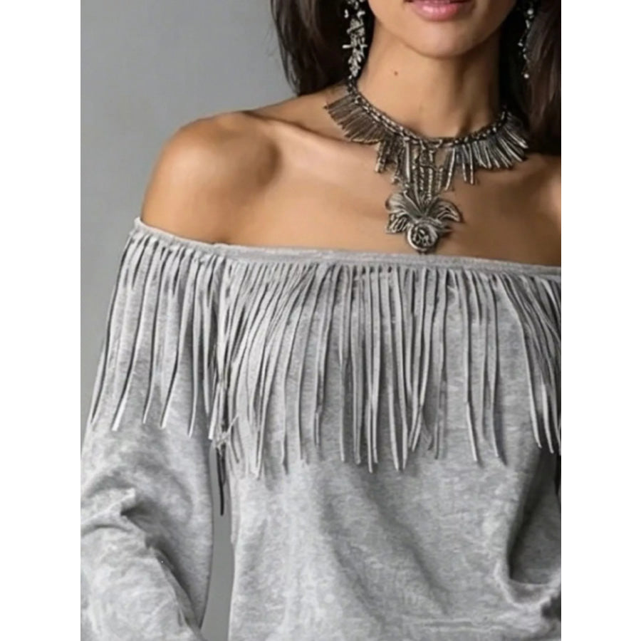 Boho Chic Off-Shoulder Fringed Suede Top Apparel and Accessories