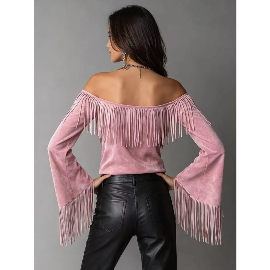Boho Chic Off-Shoulder Fringed Suede Top Apparel and Accessories