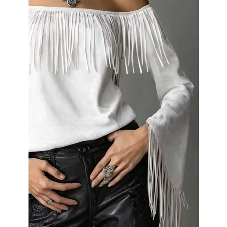 Boho Chic Off-Shoulder Fringed Suede Top Apparel and Accessories