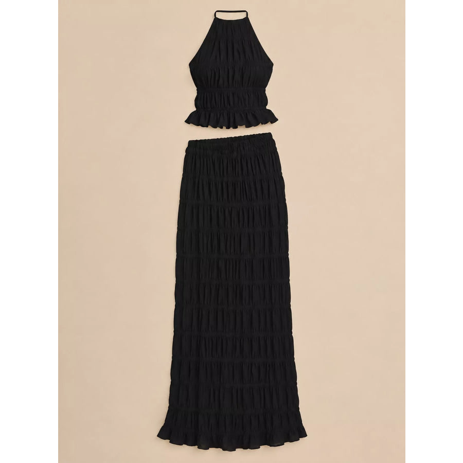 Boho Chic Ruffled Halter Crop Top and Maxi Skirt Set Apparel Accessories
