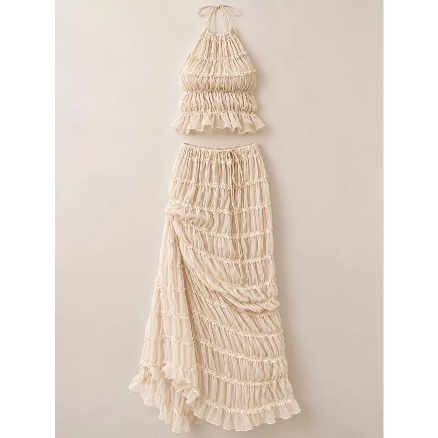 Boho Chic Ruffled Halter Crop Top and Maxi Skirt Set Apparel Accessories