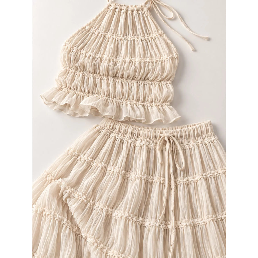 Boho Chic Ruffled Halter Crop Top and Maxi Skirt Set Apparel Accessories