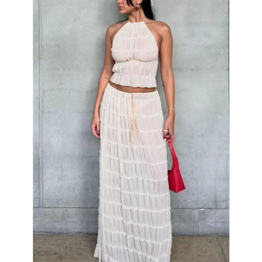Boho Chic Ruffled Halter Crop Top and Maxi Skirt Set Apparel Accessories