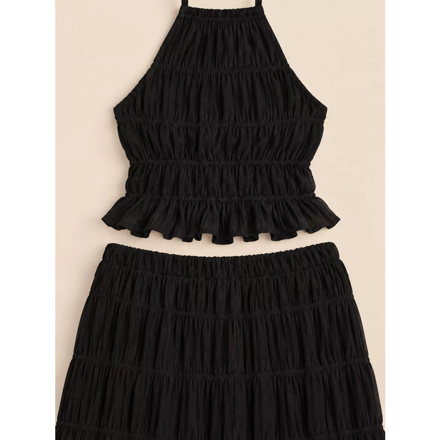 Boho Chic Ruffled Halter Crop Top and Maxi Skirt Set Apparel Accessories