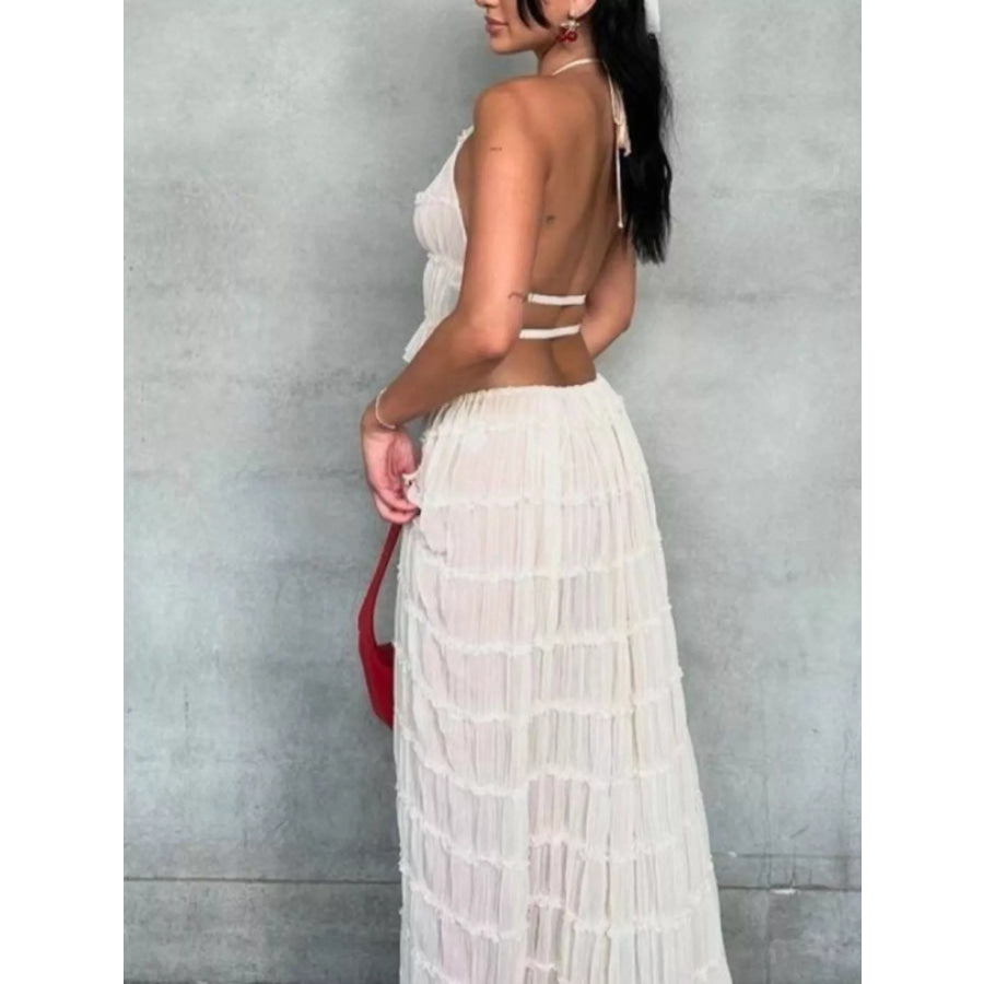 Boho Chic Ruffled Halter Crop Top and Maxi Skirt Set Apparel Accessories