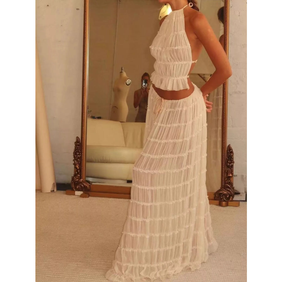 Boho Chic Ruffled Halter Crop Top and Maxi Skirt Set Apparel Accessories