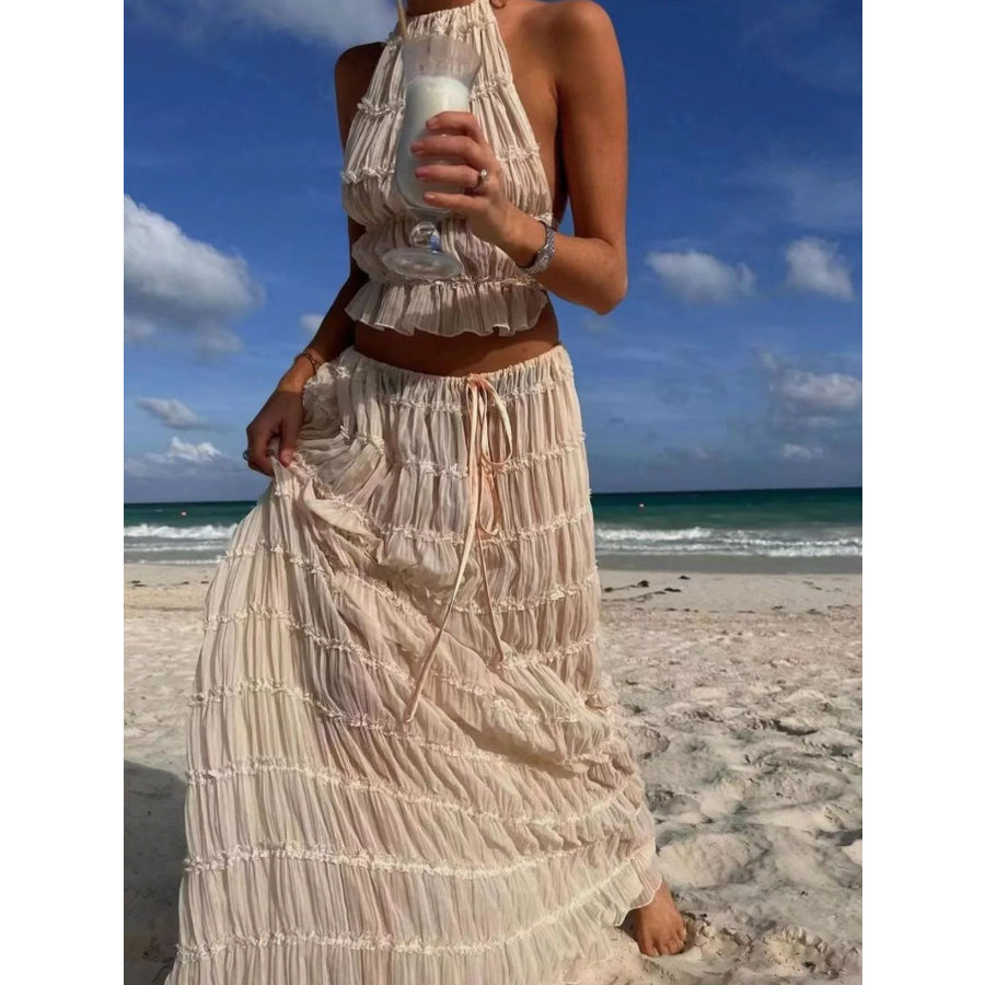 Boho Chic Ruffled Halter Crop Top and Maxi Skirt Set Apparel Accessories
