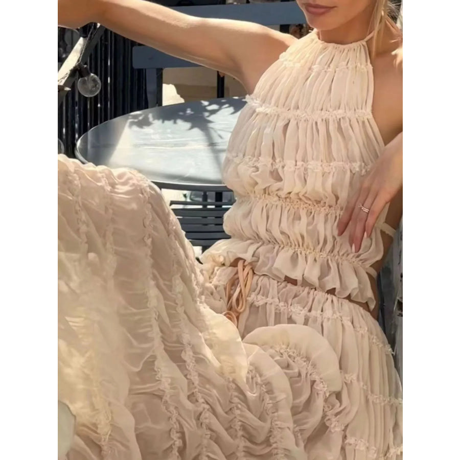 Boho Chic Ruffled Halter Crop Top and Maxi Skirt Set Apparel Accessories