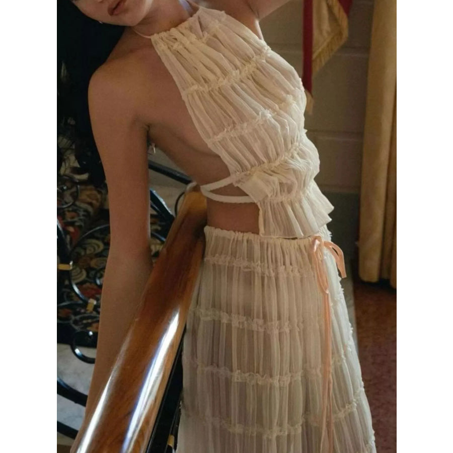 Boho Chic Ruffled Halter Crop Top and Maxi Skirt Set Apparel Accessories